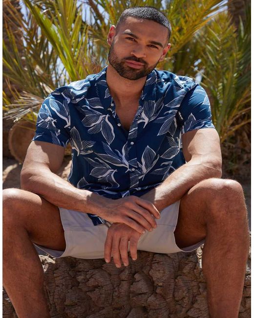 Threadbare Blue 'Foliage' Leaf Print Short Sleeve Shirt for men
