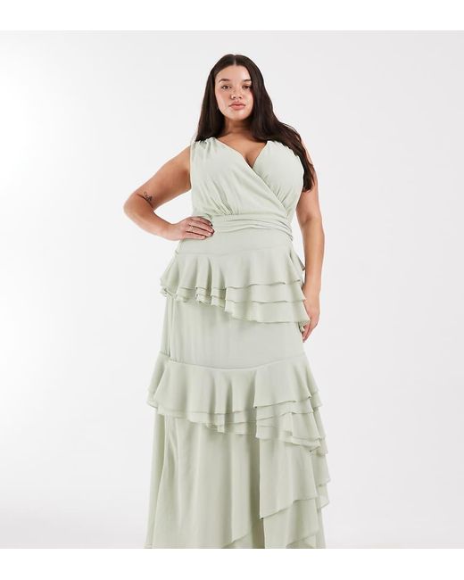 Tfnc Plus Green Bridesmaid Chiffon Wrap Front Maxi Dress With Tiered Ruffles