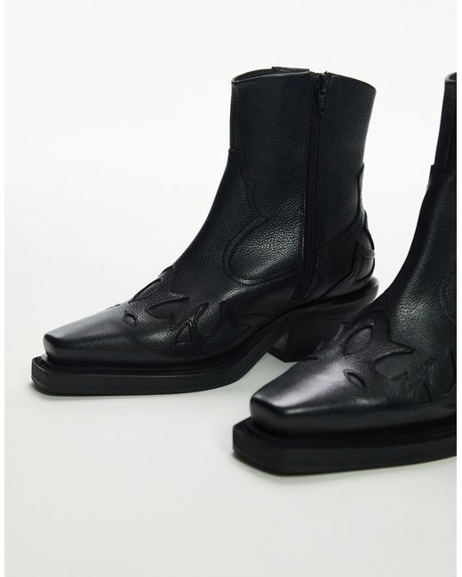 TOPSHOP Black Lena Leather Western Ankle Boot