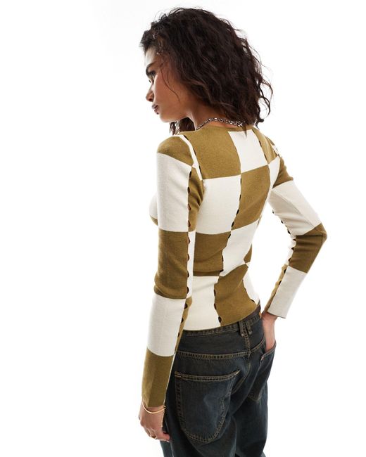 Moon River Natural Checkerboard Hole-knitted Ribbed Top