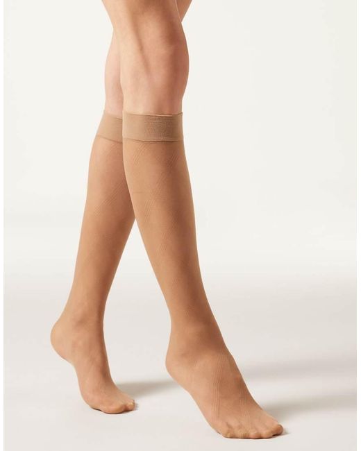 Calzedonia White Diamond-Pattern Sheer Knee-High Socks