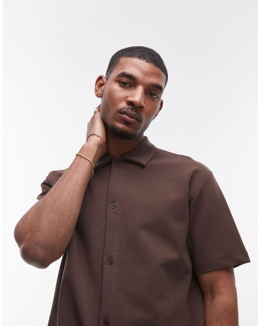 Topman Brown Premium Oversized Fit Button Through Interlock Jersey Shirt for men