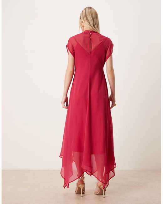 ASOS Red Asos Design Petite High Neck Hanky Hem Chiffon Maxi Dress