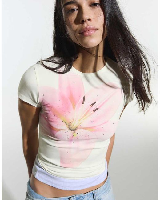 Bershka Pink Short Sleeve Print T-shirt