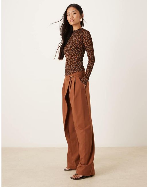 ASOS Brown Tailored Asymmetric Wrap Wide Leg Pants With Buckle Detail