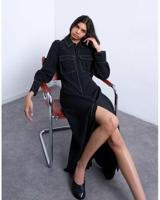 Vestido Camisero Midi De Manga Larga Con Lazada Y Pespuntes En Contraste De TOPSHOP de color Blue