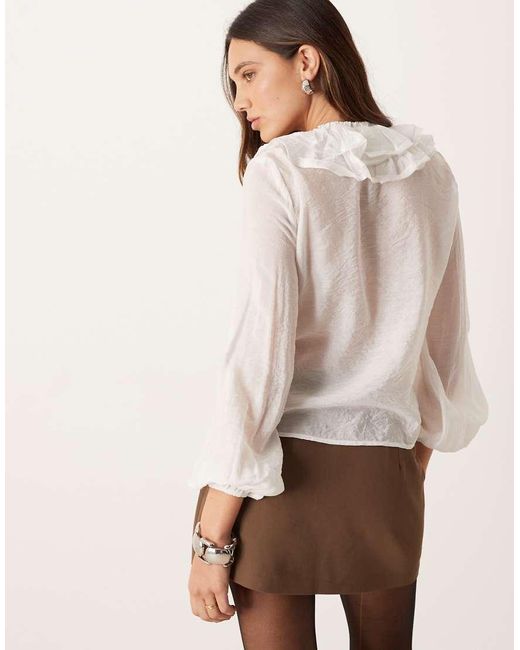 Glamorous White V-Neck Tie Front Ruffle Trim Blouse