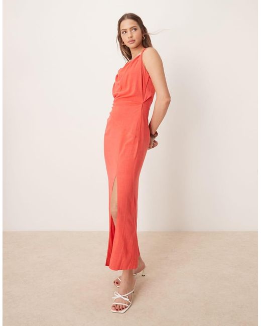 ASOS Pink Linen Mix Twist Shoulder Detail Midi Dress With Ruching