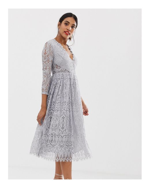 ASOS Gray Long Sleeve Lace Midi Prom Dress