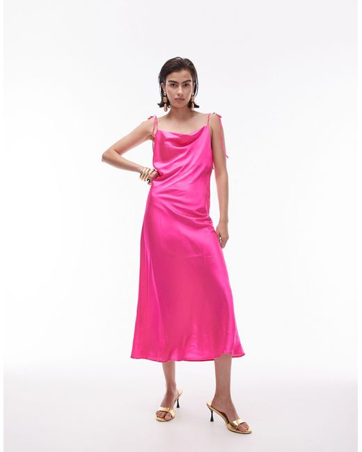 TOPSHOP Pink Cowl Neck Tie Shoulder Midi Slip Dress