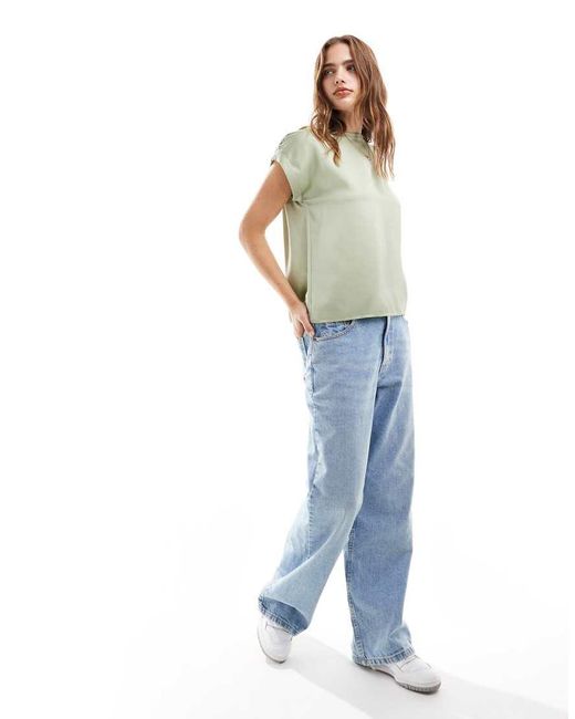 Vila Green Satin Front T-shirt With Turn Up Sleeve