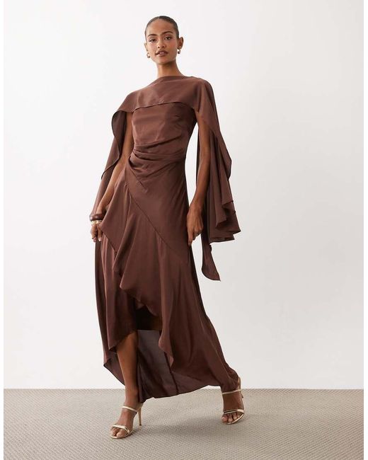 TFNC London Brown Bridesmaids Cape Top Satin Maxi Dress With Wrap Skirt