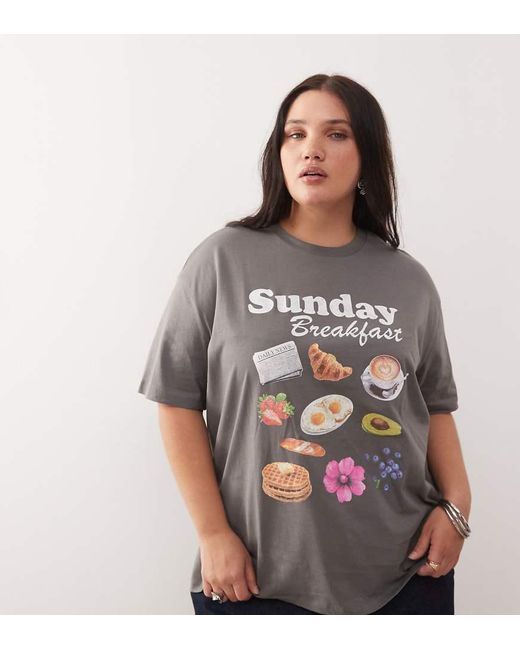 Noisy May Brown Boxy T-Shirt Fit With Breakfast Graphic