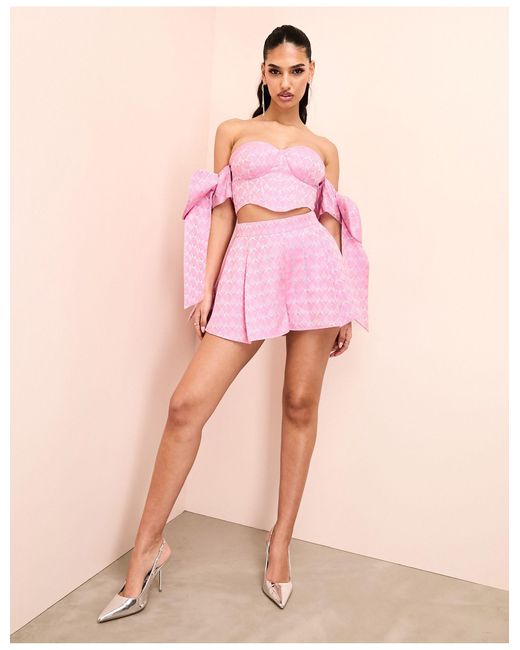 Top bustier d'ensemble corseté à manches nouées en jacquard - imprimé ASOS en coloris Pink