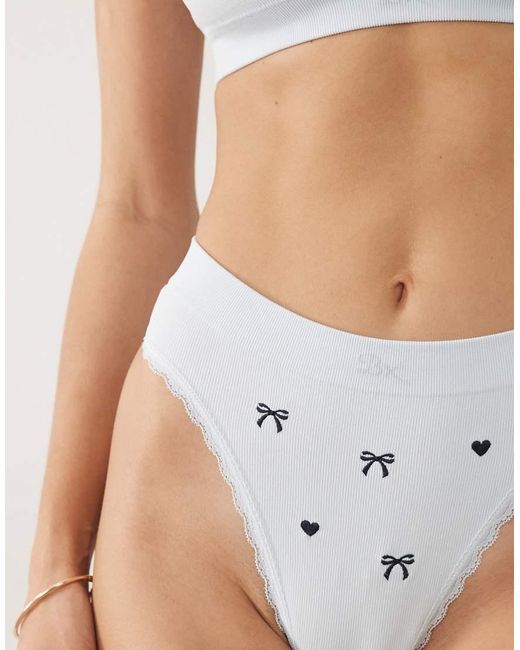 Boux Avenue White Lace Trim High Leg Embroidered Bow Thong