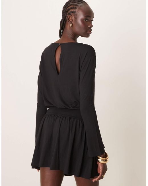 ASOS Black Cinched Drop Waist Slash Neck Mini Dress