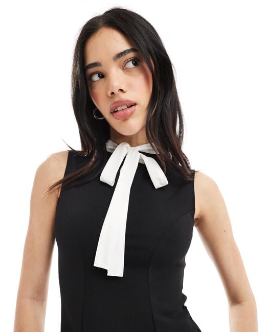 Miss Selfridge Black Scuba Crepe Contrast Bow Dropped Waist Sleeveless Mini Dress