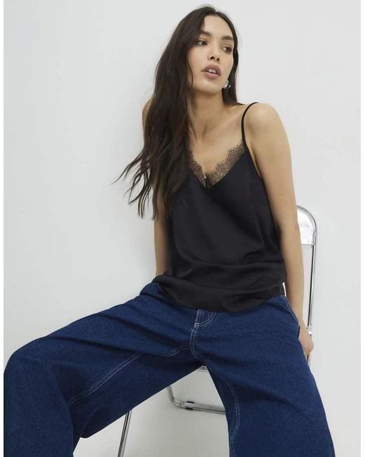 River Island Blue Satin Lace Trim Cami Top