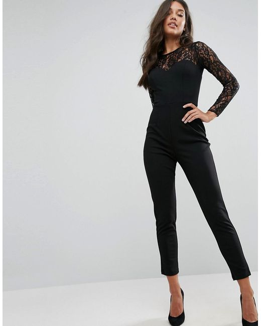 Lipsy Black Lace Top Long Sleeve Jumpsuit