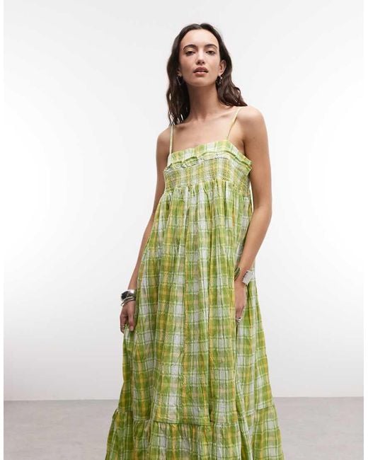Reclaimed Vintage Green Maxi Cami Smock Dress With Ruffles And Bow Straps