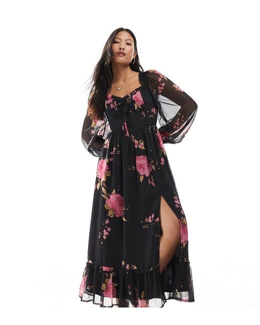 Miss Selfridge Black Long Sleeve Corset Detail Maxi Dress