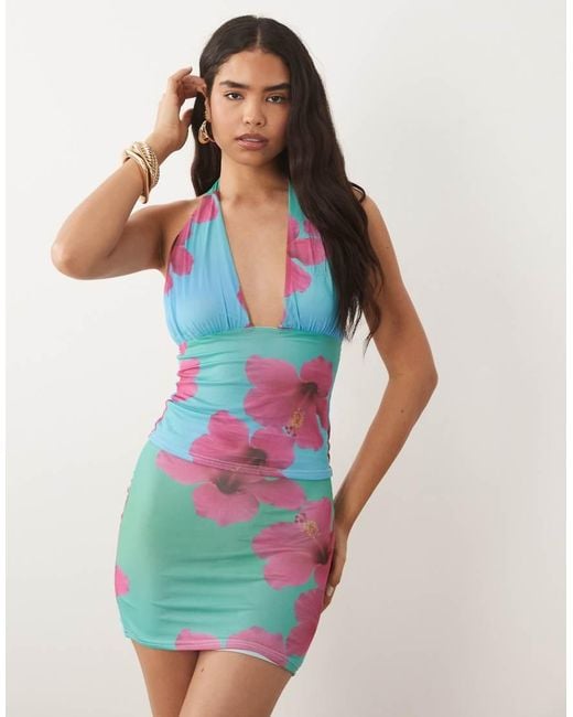 Kaiia Blue Exclusive Slinky Halterneck Plunge Hammock Top Co-Ord