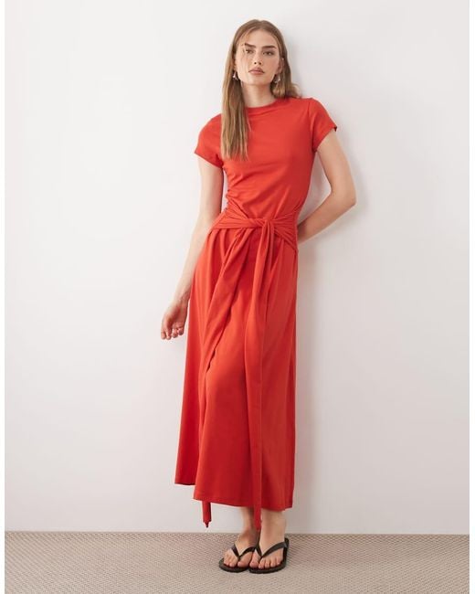 ASOS Red Short Sleeve Midi Dress With Tie Waist