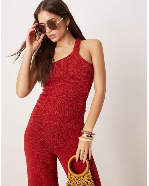 ASOS Red Knitted Slub Twist Detail One Shoulder Top Co-ord