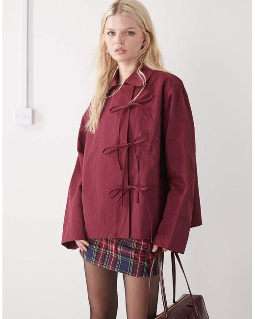 Collusion Red Cropped Bow Tie Trench Jacket