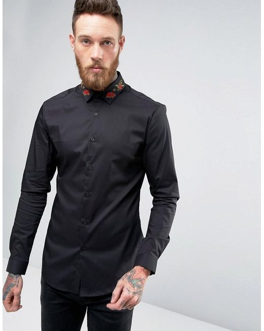 ASOS Black Skinny Shirt With Rose Embroidered Collar for men