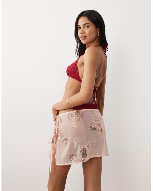Miss Selfridge Red Beach Floral Sequin Mini Tie Side Sarong