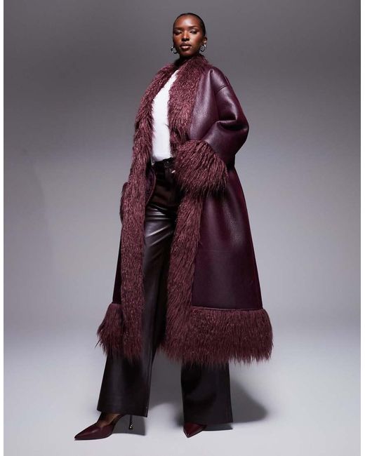 Aria Cove Purple shaggy Faux Fur Trim Belted Leather Look Maxi Coat