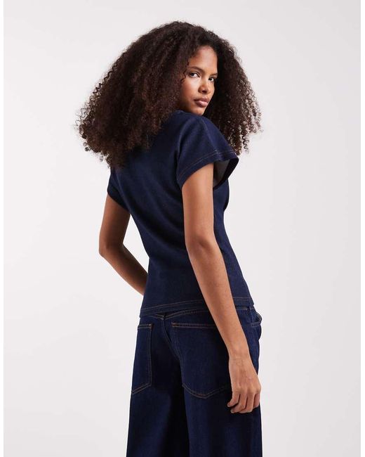 River Island Blue Denim Cinch Waist Detail Top