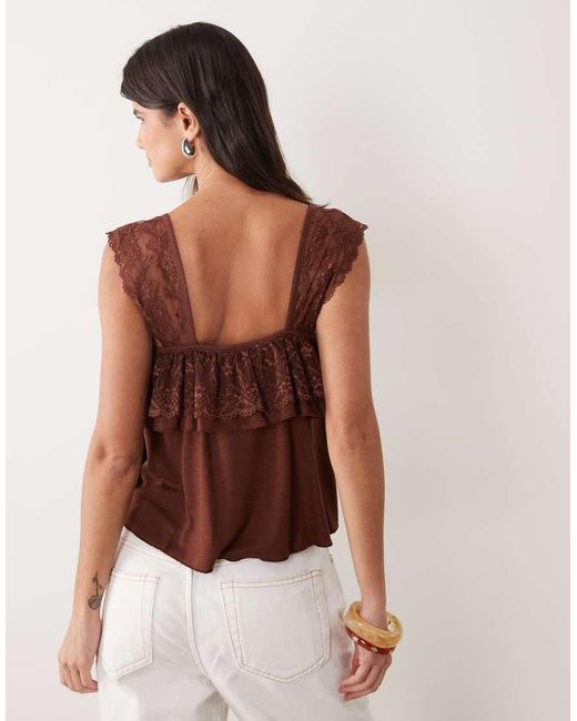Miss Selfridge Brown Cami Top With Lace Trim