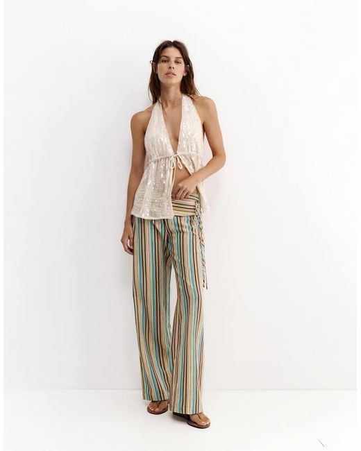 Pull&Bear Natural Striped Tie-Waist Trousers