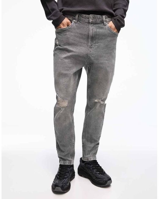 Bershka Gray Ripped Carrot Fit Jeans for men