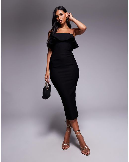 Vesper Blue Bengaline Foldover Frill Detail Bandeau Midi Dress