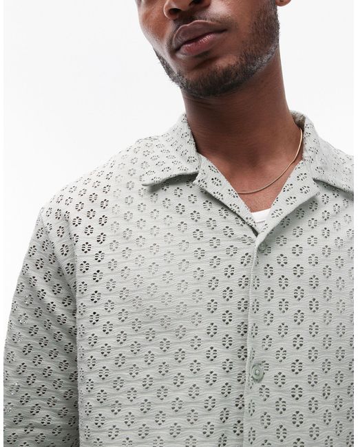 Topman White Oversized Fit Button Through Jersey Crochet Polo for men