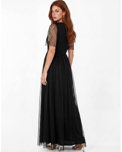Maya Black Floral Embellished Faux Wrap Tulle Maxi Dress