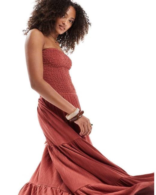 ASOS Red Crinkle Bandeau Shir Bodice Tie Maxi Dress
