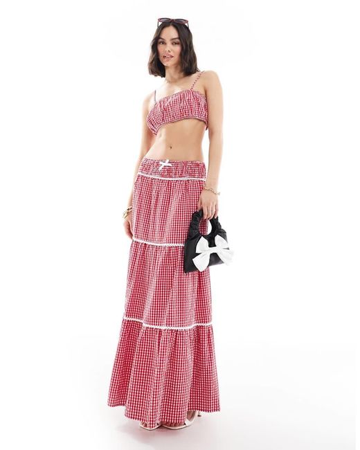 The Frolic Pink Exclusive Shirred Waist Tiered Lace Trim Maxi Skirt Co-ord