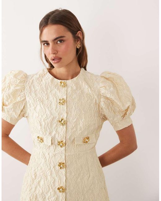 Sister Jane Natural Anemone Exclusive Jacquard Round Neck Puff Sleeve Mini Dress