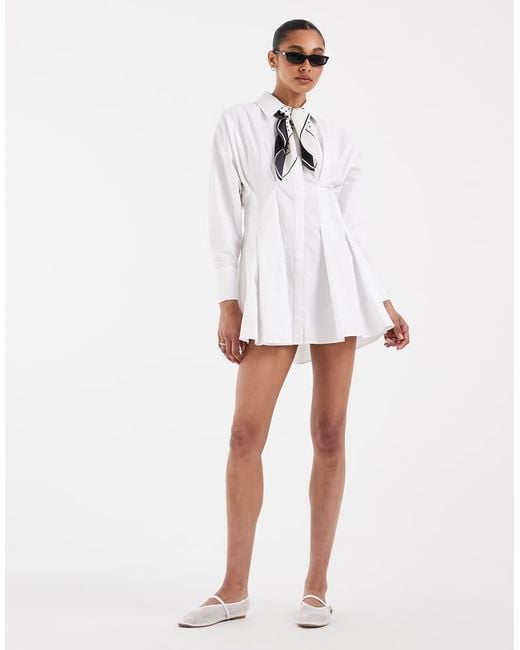 ASOS White Cinched Shirt Dress With Broderie Trim