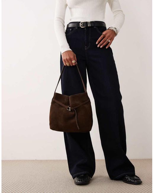 Mango Blue Suede Buckle Detail Bucket Bag