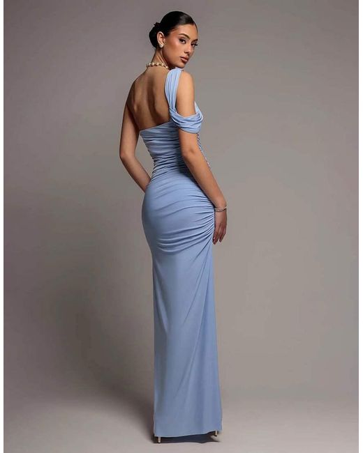 Goddiva Blue One Shoulder Asymmetric Twist Maxi Dress
