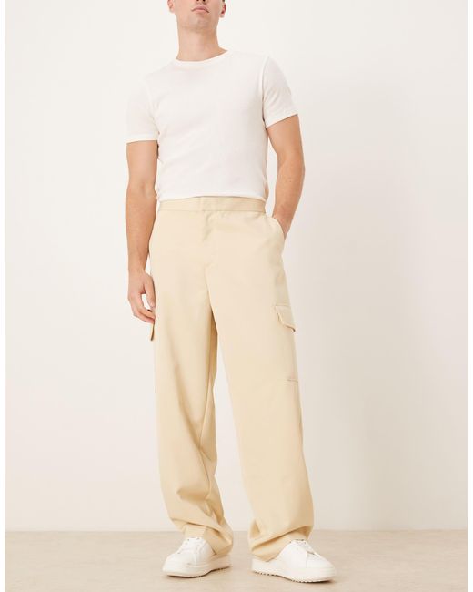 Pantalon cargo habillé à pinces coupe ample à enfiler - beurre ASOS pour homme en coloris Natural