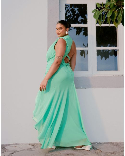 ASOS Green Asos Design Curve Gathered Waist Ruffle Maxi Dress With Open Back