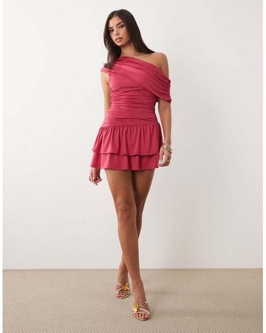Aria Cove Red Slinky Drape Asymmetric Shoulder Mini Dress