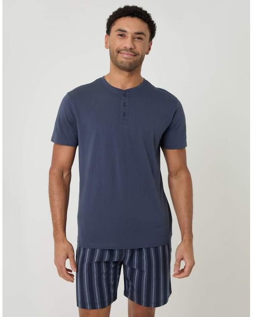 Threadbare Blue Stripe Grandad Pyjama Set for men