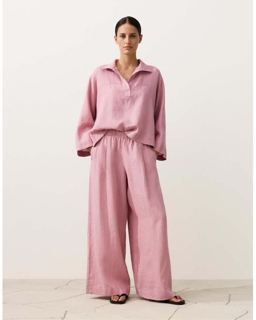 Oysho Pink 100% Linen Wide Leg Trousers